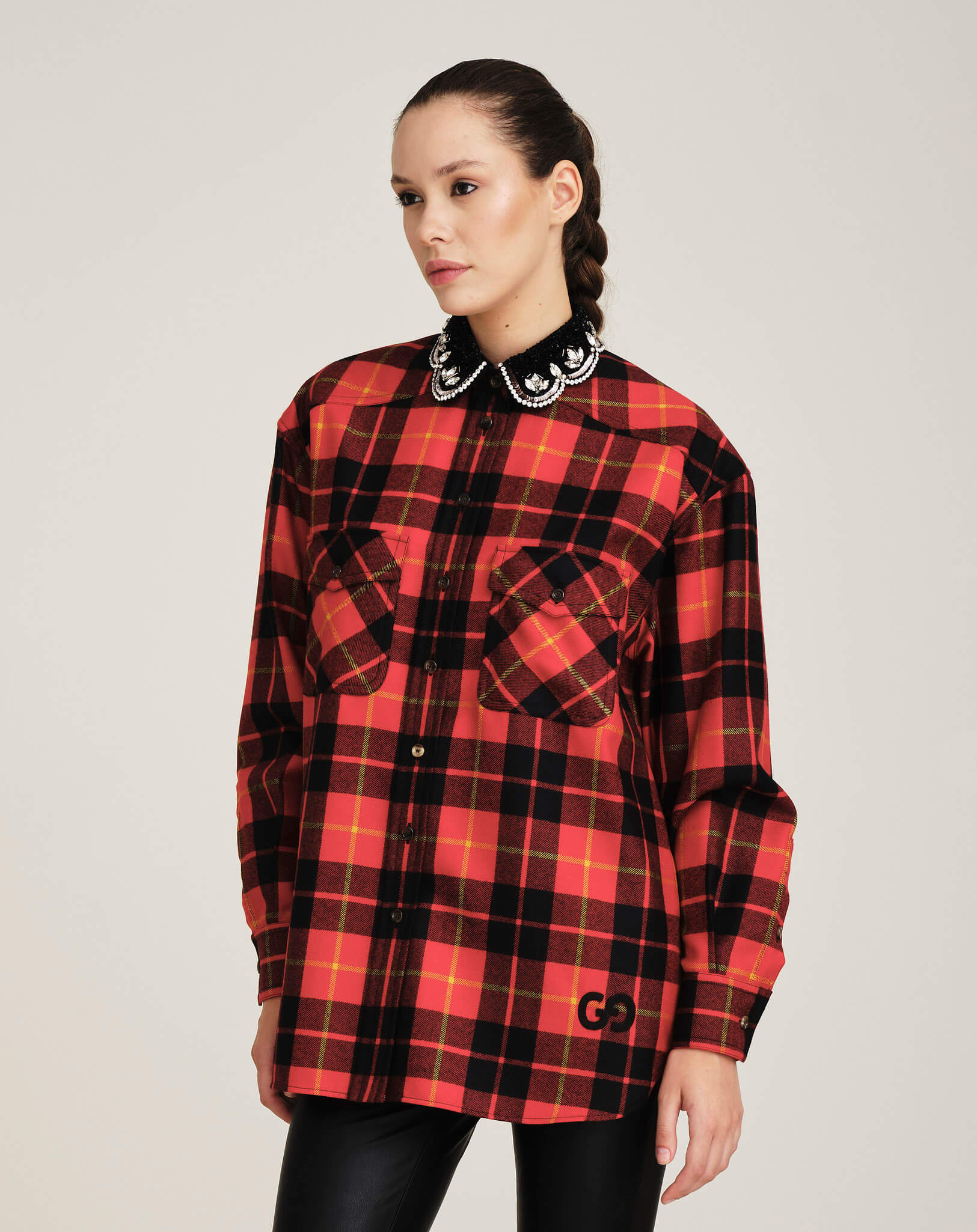 Gucci - Beaded Collar Check Red Shirt IT40 -OVERSIZE